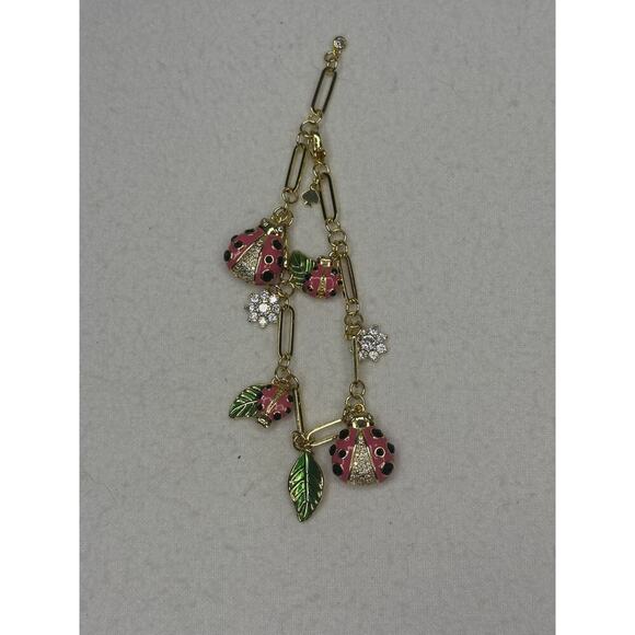 Kate Spade Ladybug Charm Bracelet Gold Tone Pink Enamel Flower Accents - Picture 2 of 3